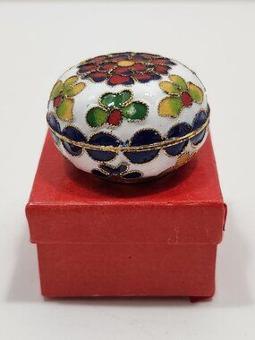 NIB Vintage Round Cloisonne Brass Trinket Box 1 5/8" Diameter